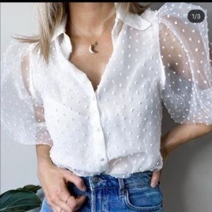 Zara Sheer Dot Organza Puff Sleeve Blouse White | XS